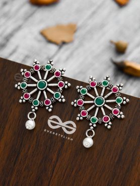 'Steering My Own Ship' - Embellished Oxidised Earrings (Ruby-Emerald)