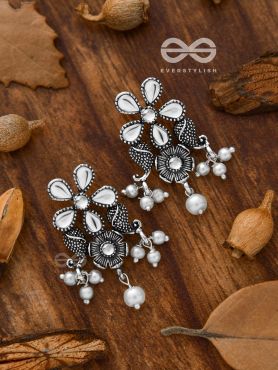'A Floral Fantasy' - Embellished Oxidised Earrings (Droplet White)