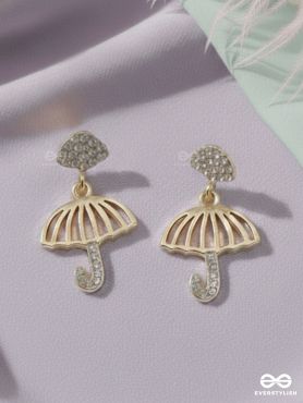 Rainy Day- CZ Stones Studded Golden Umbrella-Shaped Earrings