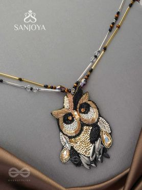 Shakuneya - The Owl King -  Sequins And Cutdana Hand Embroidered Necklace (Ebony Black And Golden)
