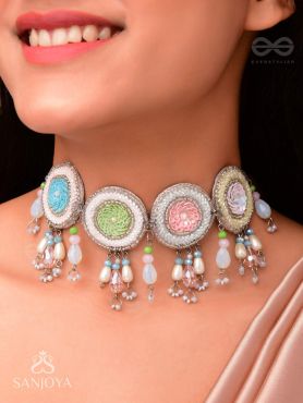 Dhyatva - The Colorful Reflections - Sequins, Glass Drops And Cutdana Hand Embroidered Choker Neckpiece