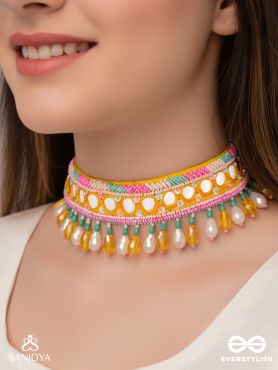 Suvarna - The Golden Stunner - Mirror, Lace And Beads Hand Embroidered Choker Neckpiece