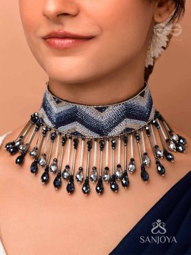 Adrisha - The Indigo Hills - Cutdana And Glass Drops Hand Embroidered Choker Neckpiece