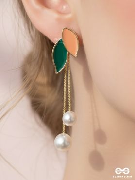 ALWAYS AN ANGEL - PEARL & ENAMELLED EAR JACKETS (GOLD AND GREEN)