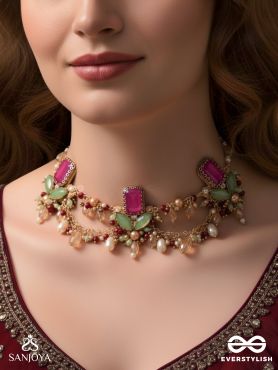 Asita - The Regal Orchid - Stones, Beads And Pearls Hand Embroidered Neckpiece