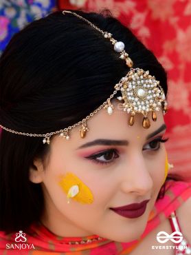 Vilsat- The Exquisite Mesh- Pearl, Beads And Glass Drops Hand Embroidered Maangtika