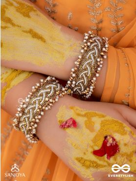 Kapardak - The Angel Braids - Beads, Shells And Glass Drops Hand Embroidered Cuff Bracelets (Set Of 2)