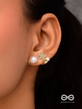 Golden crescent- Pearl studs' golden floral pattern 