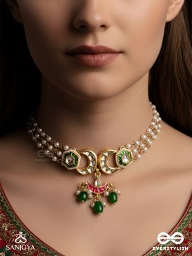 SHASHIRATNA- JEWEL OF THE MOON- KUNDAN NECKLACE INSPIRED BY THE MOON’S RADIANCE WITH PEARLS AND  GREEN DROPS