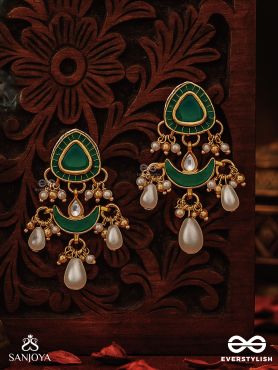 RATNODYA - RISING GEM - DAZZLING KUNDAN EARRINGS WITH PEARLS AND ROYAL GREEN AND GOLD ACCENTS