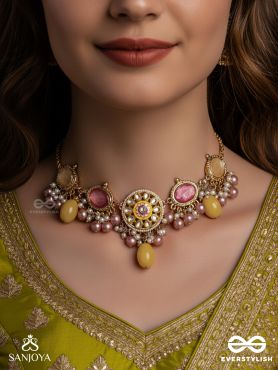 MADHUVARNIKA - HONEY HUE- SOFT FEMININE KUNDAN NECKPIECE FEATURING PEARLS AND PASTEL GEMSTONE DROPS