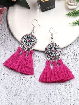 Vibrant motifs Dreamcatcher Tassel Earrings- Fuchsia