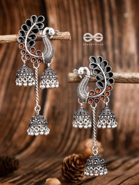 The Enamelled Peacocks Triple Jhumki Statement Earrings - Black-Brown