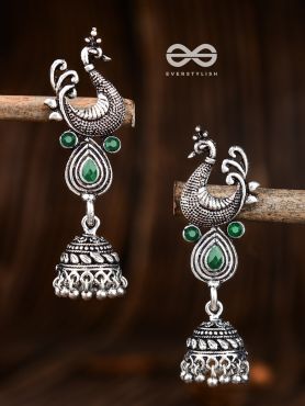 The Dangling Peacock Jhumkis (Emerald Green) - The Embellished Oxidised Collection