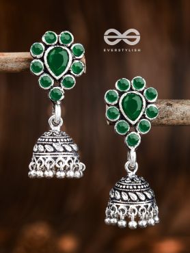 The Shimmery Droplet Jhumkis (Emerald Green) - The Embellished Oxidised Collection