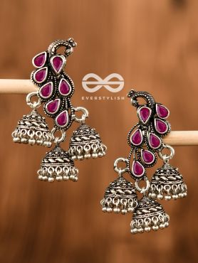 The Elegant Triple Jhumki Peacocks (Ruby Red) - Embellished Oxidised Collection