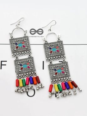 The Double Embellished Trunks - Oxidised Boho Earrings - Multicolour