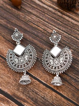 The Intricate Motif Mirror Work - Oxidised Boho Earrings