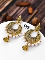 The Golden Motif Pearl Jhumkis - Oxidised Boho Earrings