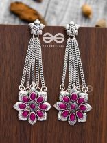 The Floral Finesse - Embellished Oxidised Earrings (Ruby Red)