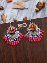 The Delightful Motif Moon (Orange-Pink) - Embroidered Oxidised Earrings