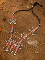 The Bohemian Jaw Droppers - Statement Set of  Meenakari Neckpiece and Earrings (Orange-Pink)