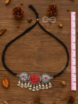 The Intricate Epitome - Embellished Oxidised Set of Choker and Earrings (Carmine Red)