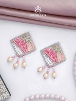 Chaturashra- The Charming Square- Beads and Pearls Embroidered Earrings (Blush & Fuchsia Pink)