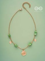 Shells N Pebbles- Golden And Olive Green Stone Necklace With Anti-Tarnish Coating 