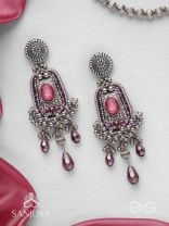 Parmeshthyam - The Fuchsia Royalty - Stone, Beads And Glass Drops Hand Embroidered Oxidised Earrings 