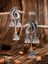 The Enamelled Peacocks Triple Jhumki Statement Earrings - Black-Brown