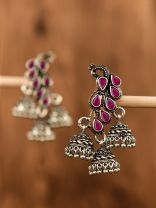 The Elegant Triple Jhumki Peacocks (Ruby Red) - Embellished Oxidised Collection