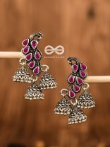 The Elegant Triple Jhumki Peacocks (Ruby Red) - Embellished Oxidised Collection