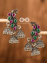 The Elegant Triple Jhumki Peacocks (Ruby-Emerald) - Embellished Oxidised Collection