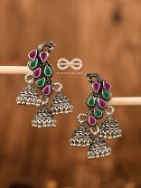 The Elegant Triple Jhumki Peacocks (Ruby-Emerald) - Embellished Oxidised Collection