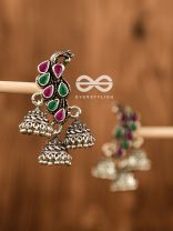 The Elegant Triple Jhumki Peacocks (Ruby-Emerald) - Embellished Oxidised Collection