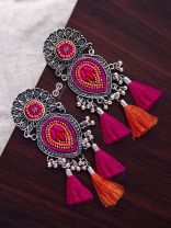 The Layered Tasseled Statement Makers (Pink-Orange) - The Embroidered Oxidised Collection