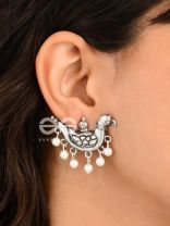 The Dangling Pearl Parrots - Oxidised Boho Earrings