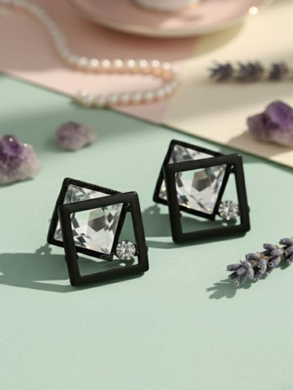 Muddled Frames- Black and White Solitaire Studded Earrings