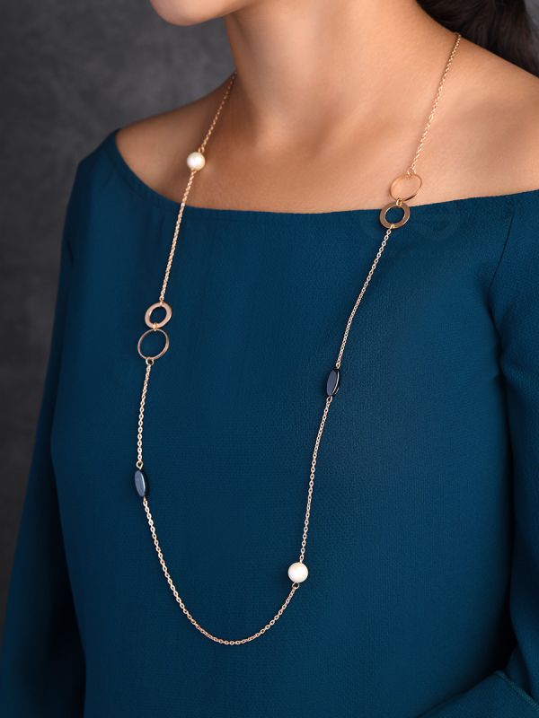 Yin And Yang- Pearl And Stone Studded Golden Necklace With Anti-Tarnish Coating 