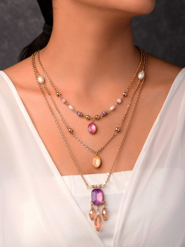 The Ravishing Rhinestones - Golden Multilayer Neckpiece With Anti-Tarnish Coating