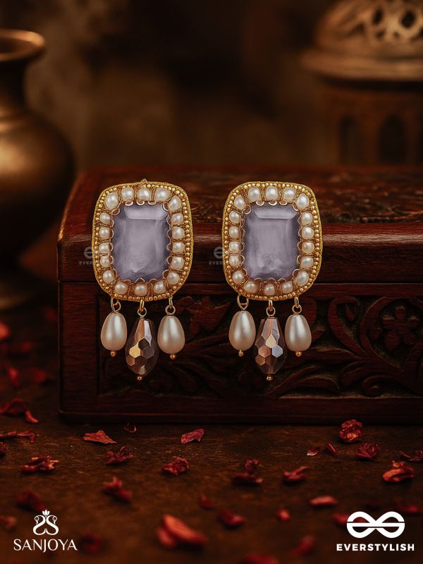 Dhumraruk - The Lavender Love- Stone, Beads, Glass And Pearl Drops Hand Embroidered Earrings