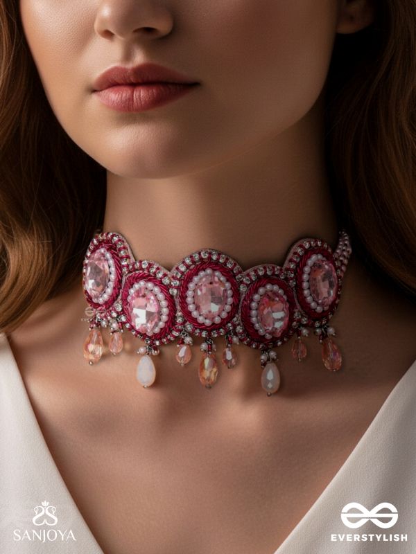 Udagat - Blushing Rose - Stone, Beads And Glass Drops Hand Embroidered Neckpiece