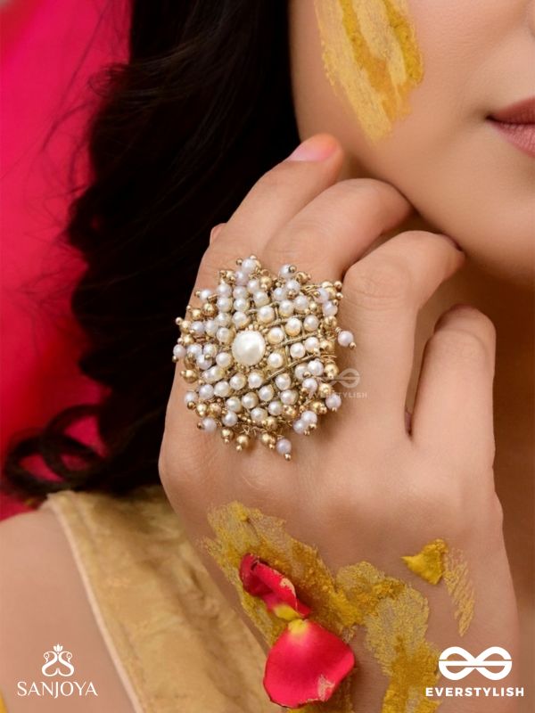 Atimukta- The Pearly Proposal- Pearl And Beads Hand Embroidered Golden Ring (Adjustable)