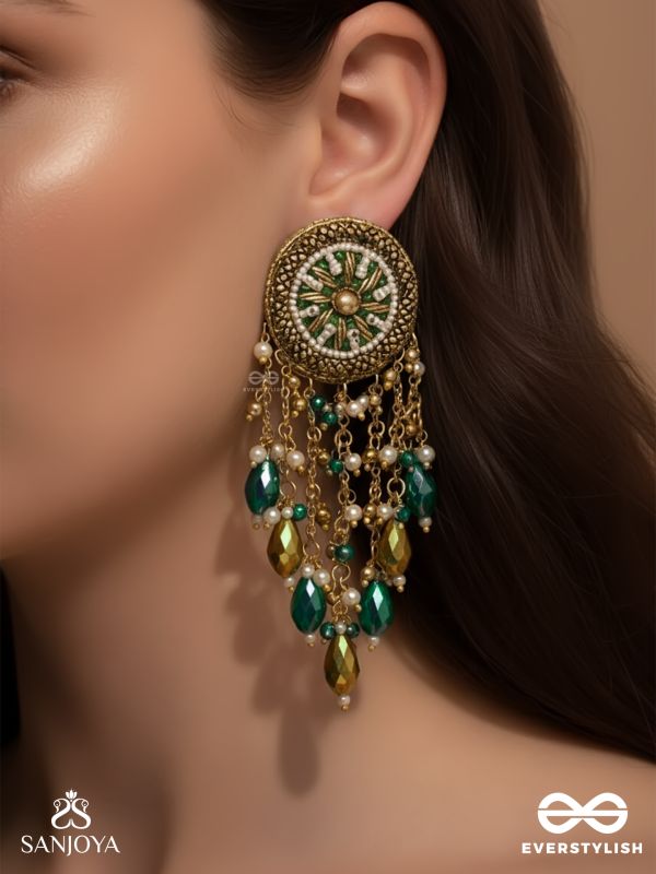 Varsham - The Captivating Rainfall - Cutdana, Dabka, Beads And Glass Drops Hand Embroidered Earrings