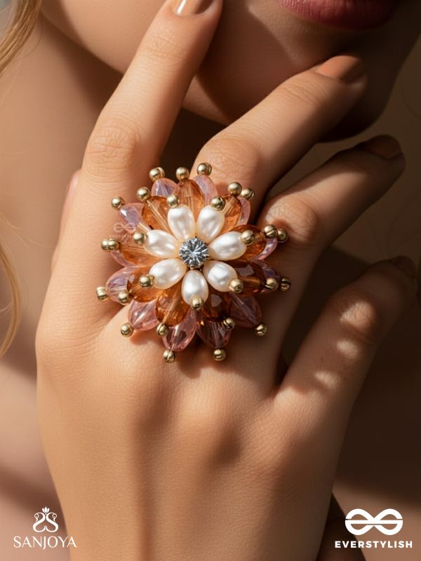 Sharadgat - The Autumn Magic - Beads, Pearl And Glass Drops Hand Embroidered Ring (Adjustable)