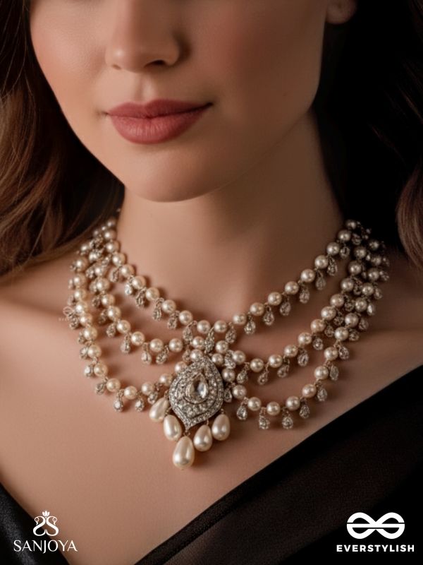SHWETAPUSHPA– SHLOKA AMBANI INSPIRED NECKPIECE WITH SILVER ACCENTS, CZ STONES AND PEARLS