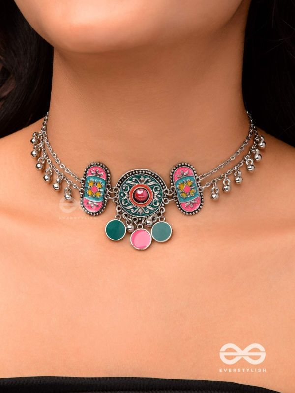 TRIBAL GRACE- ENAMELED OXIDIZED CHOKER WITH GHUNGROO'S