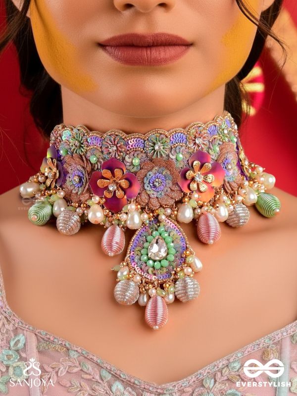RANGOLIKA - A CANVAS OF COLORS - ENAMEL FLORALS, PEARLS AND BEADS HAND EMBROIDERD CHOKER NECKLACE