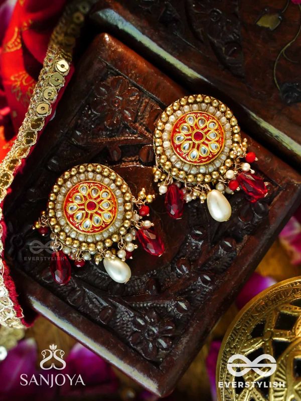 KUSUMAVALI - ROW OF FLOWERS - STONES, PEARLS AND RED BEADS KUNDAN HAND EMBROIDERED EARRINGS